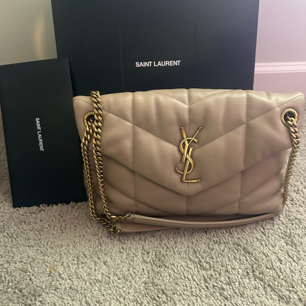 Saint Laurent Small Puffer Shoulder Bag in Taupe Beige with Gold Hardware